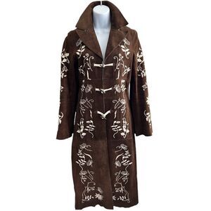 ARDEN B Brown Suede Leather Whit Ivory Embroidery  3-Toggle Closure Coat Sz XS